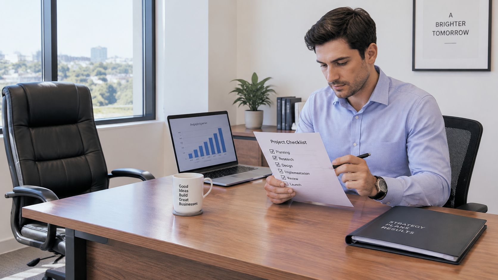 A professional man reviewing a project checklist while sitting at a desk with a laptop and coffee.