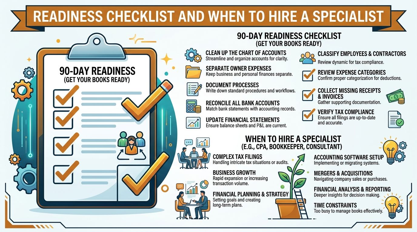 An infographic titled Readiness Checklist and When to Hire a Specialist for managing business financial accounting records.