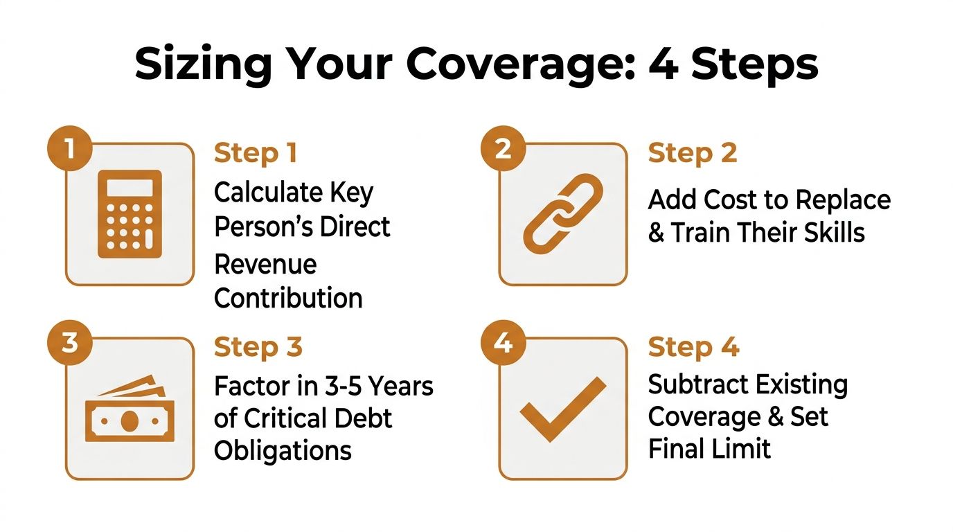 An infographic titled Sizing Your Coverage outlining four essential steps for determining key person insurance requirements.