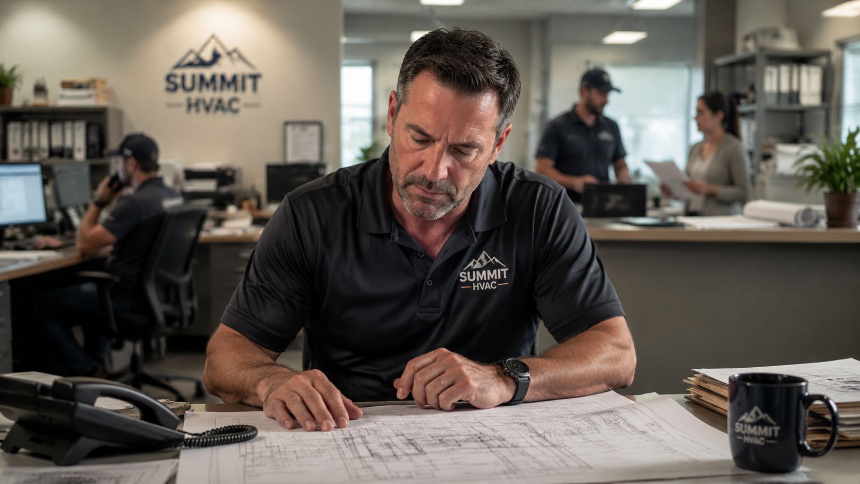 A professional man reviewing HVAC blueprints in a modern office with his team working in background.
