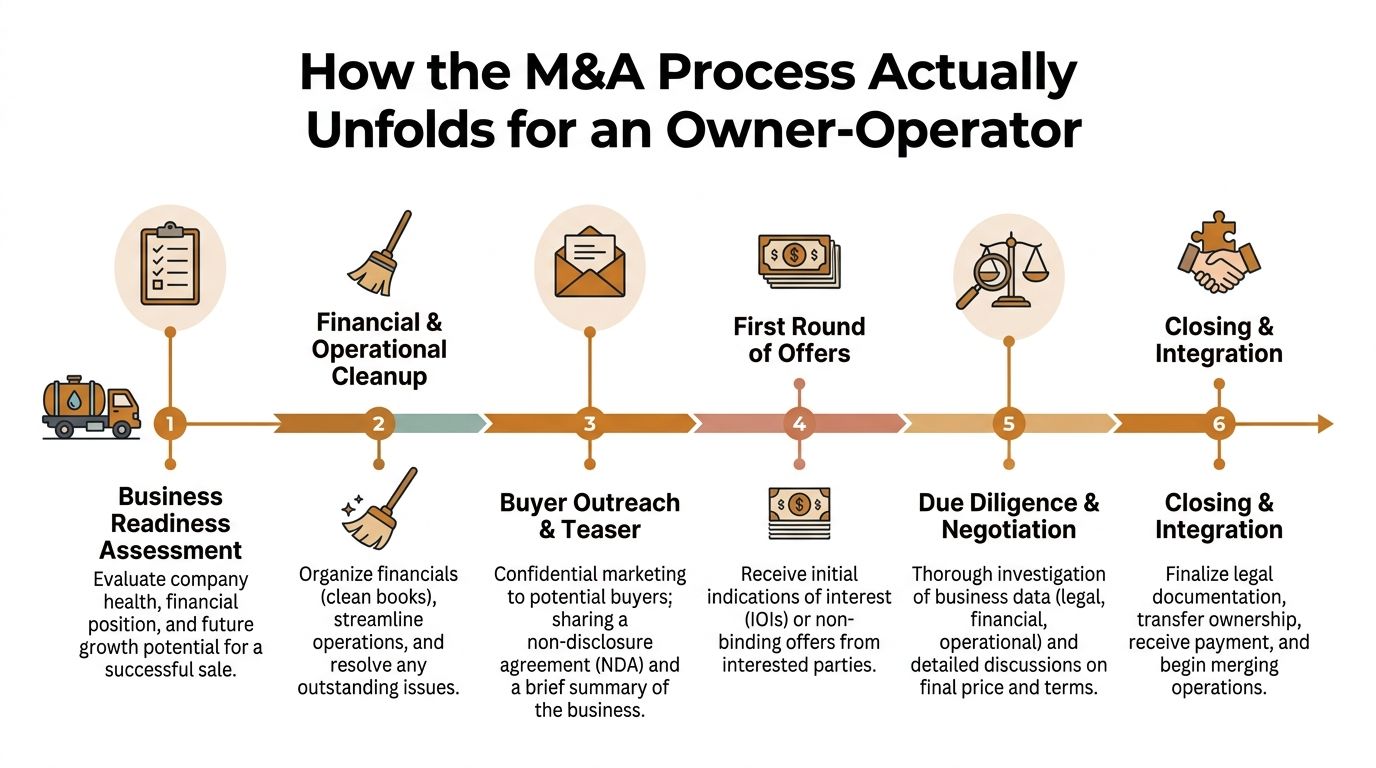 A six-step infographic detailing the chronological M&A process for owner-operators from readiness assessment to final closing.