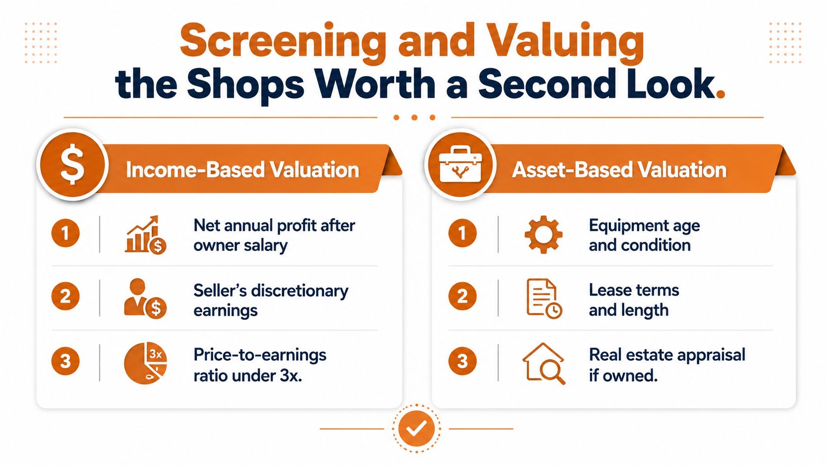 A professional infographic outlining methods for screening and valuing auto mechanic shops for sale.