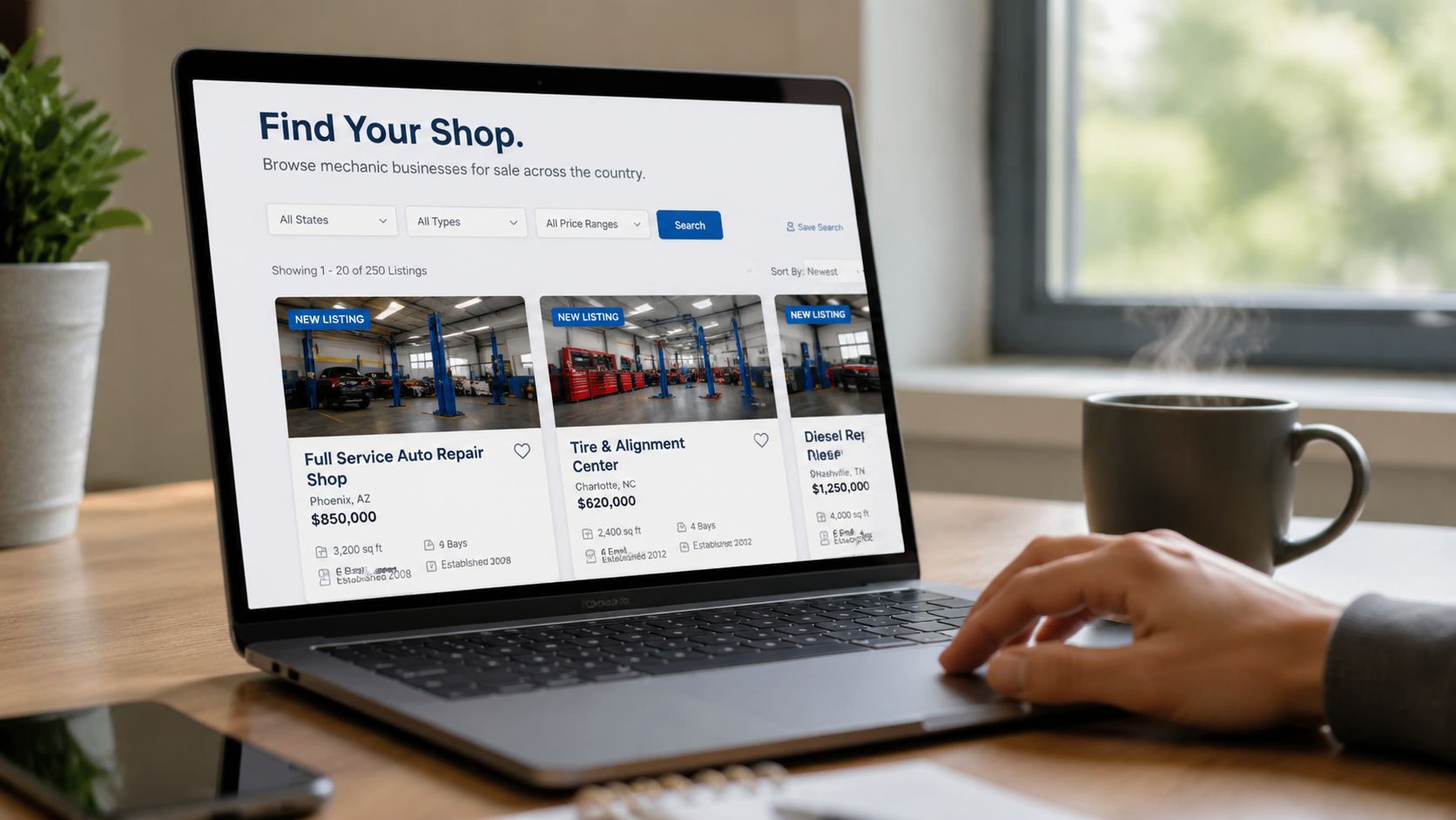 A person browsing mechanic shops for sale on a laptop screen with multiple commercial listing results.