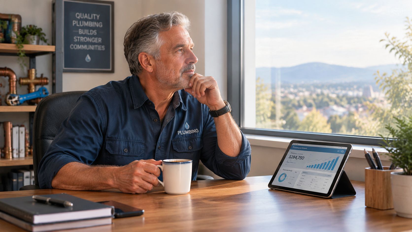 A professional plumber sits at a wooden desk, contemplating business growth while looking at a financial dashboard.