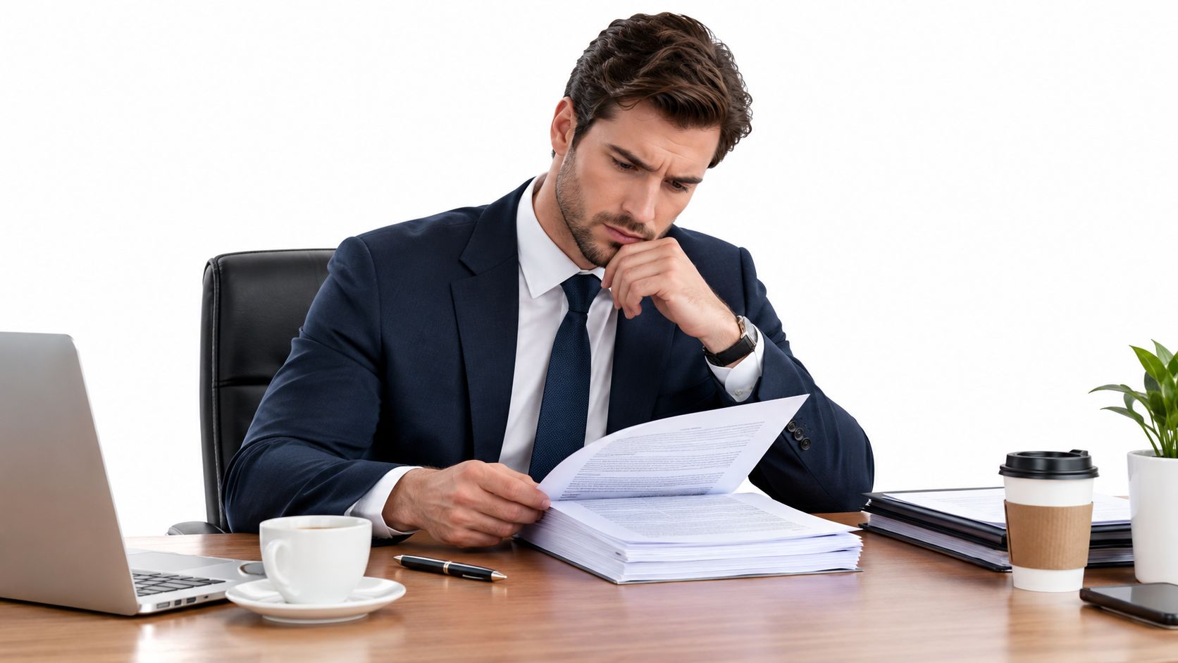 A professional businessman in a suit sitting at a desk and reviewing important company documents carefully.