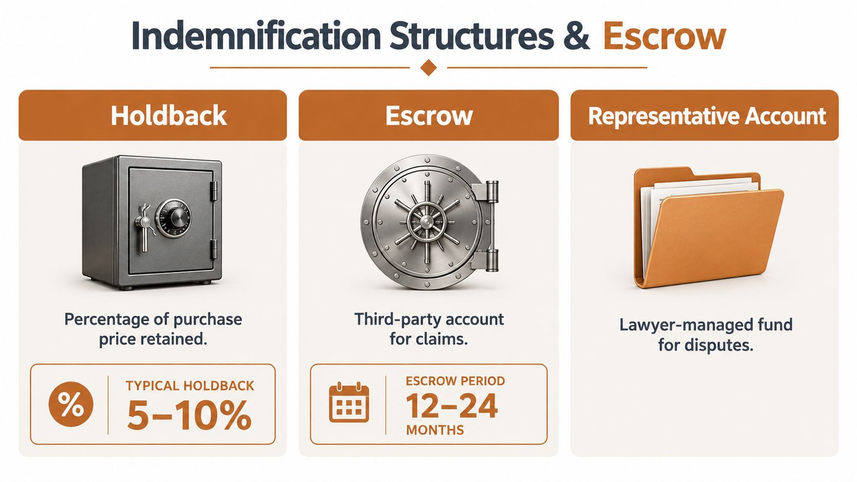 A diagram illustrating indemnification structures including holdback, escrow, and representative account for business acquisitions.