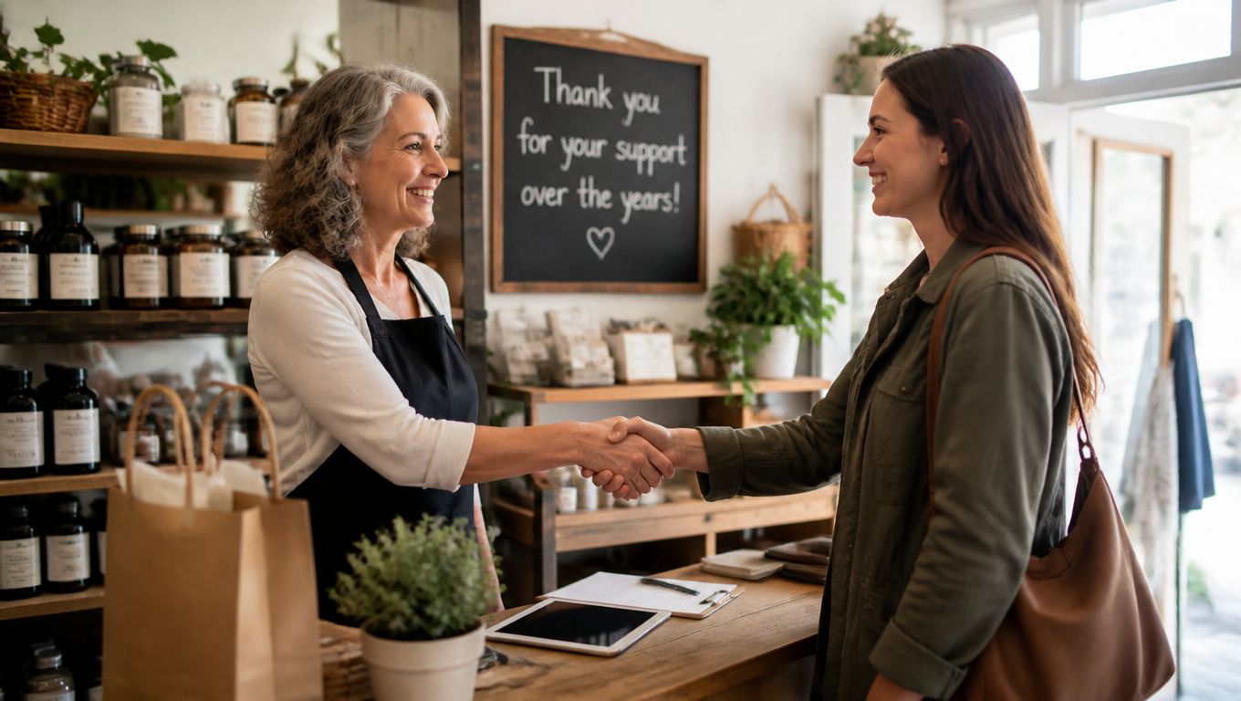 A friendly business owner shaking hands with a customer over a store counter in a shop.