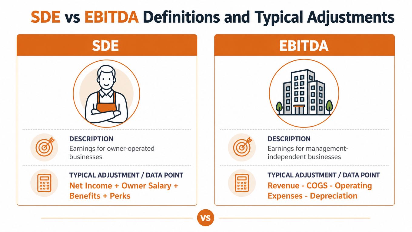 A comparison infographic showing SDE vs EBITDA definitions, typical adjustments, and business types for financial analysis.