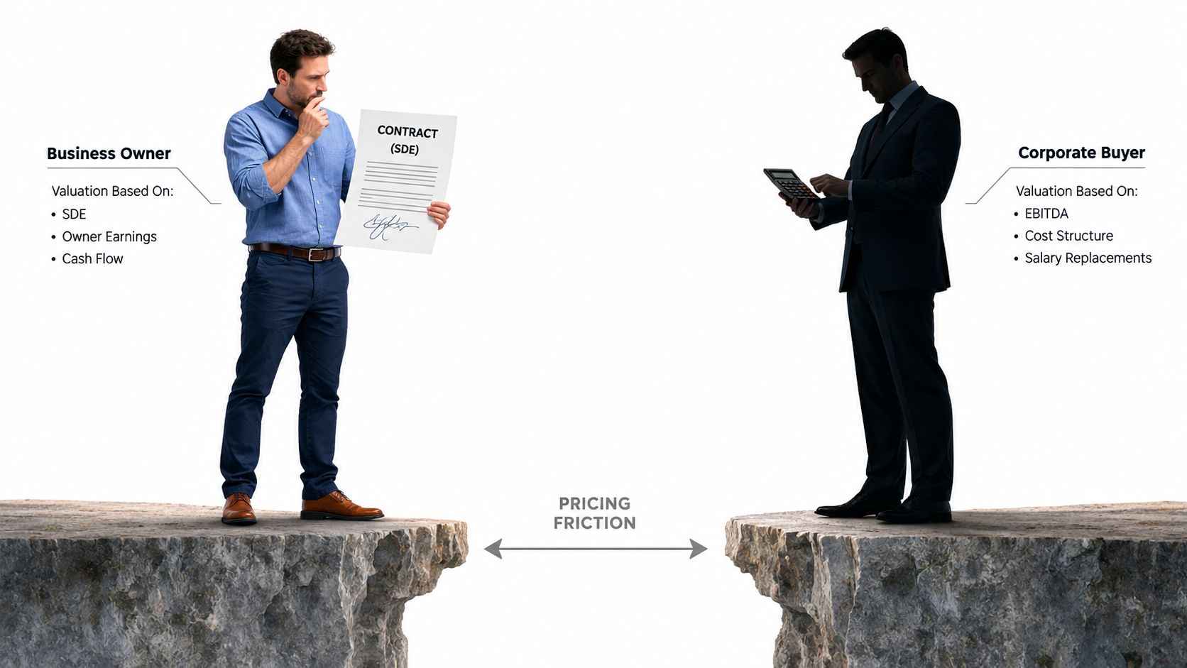 A conceptual illustration showing a business owner and a corporate buyer separated by a pricing friction gap.