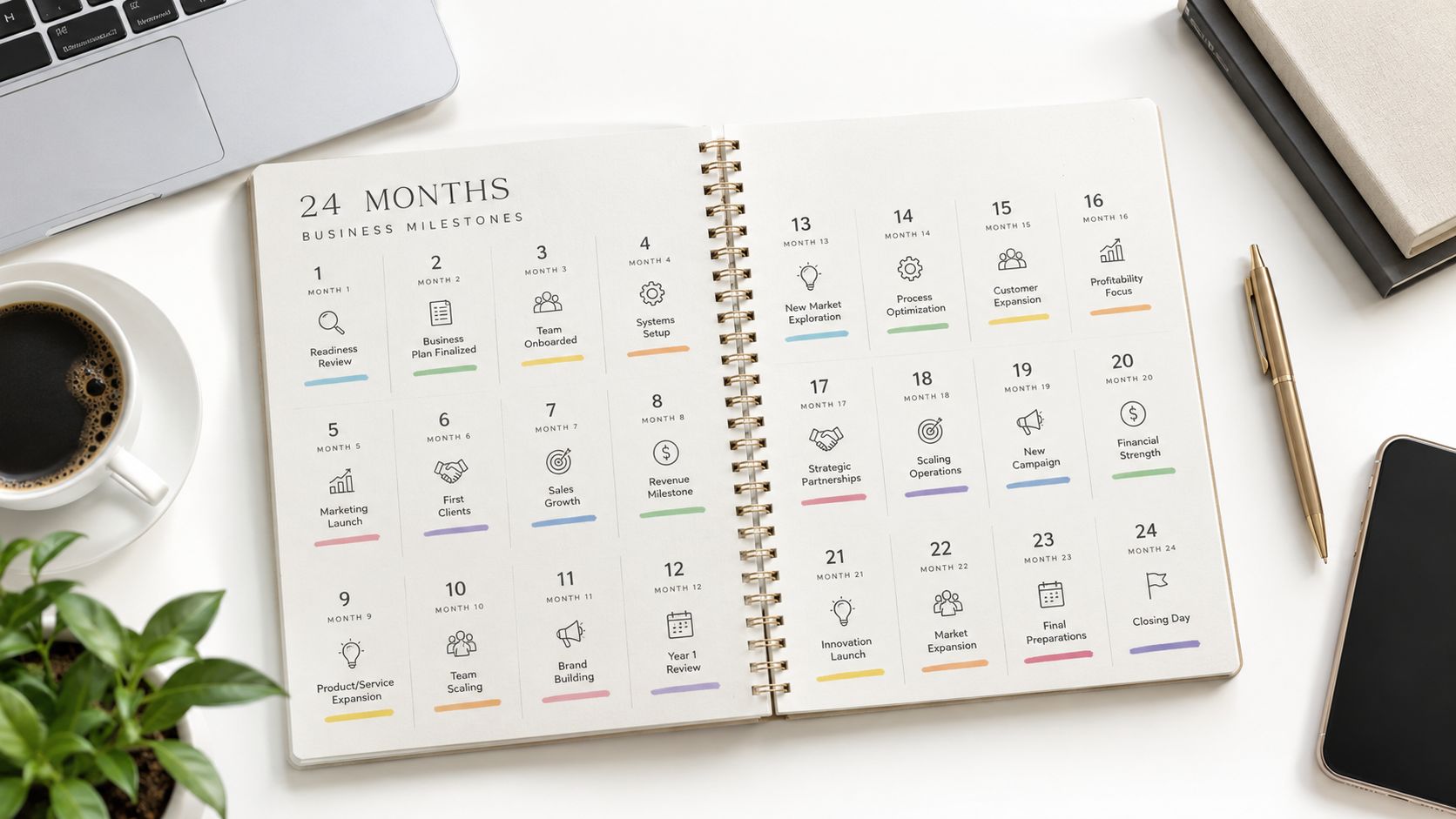 Open planner on a desk featuring a 24-month business milestones roadmap with icons and colored labels.