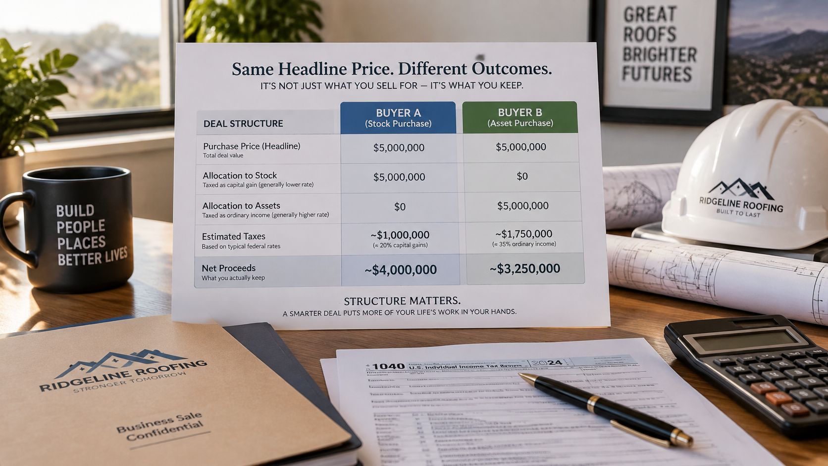 A table comparing the net proceeds of a business sale between a stock purchase and an asset purchase.