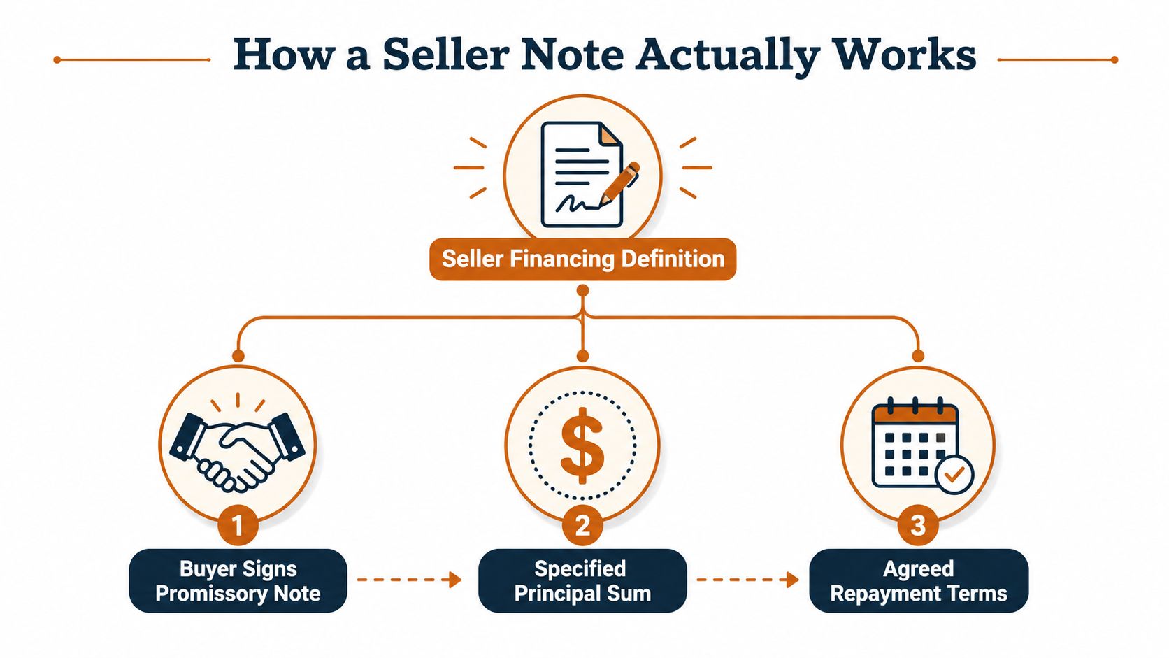 An infographic diagram explaining the three key components of seller financing for business transactions.
