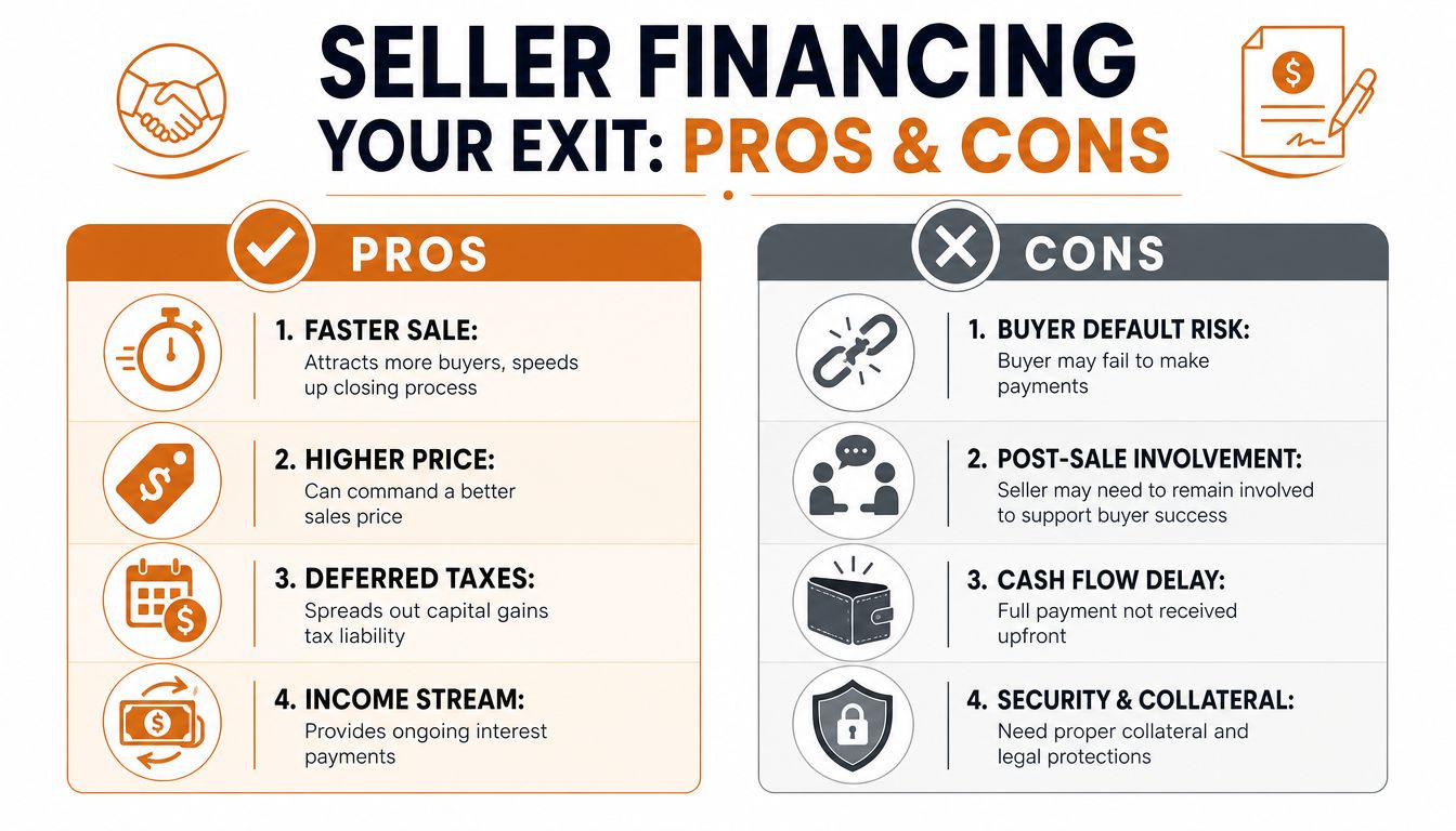 A visual guide outlining the pros and cons of seller financing for business owners during an exit.