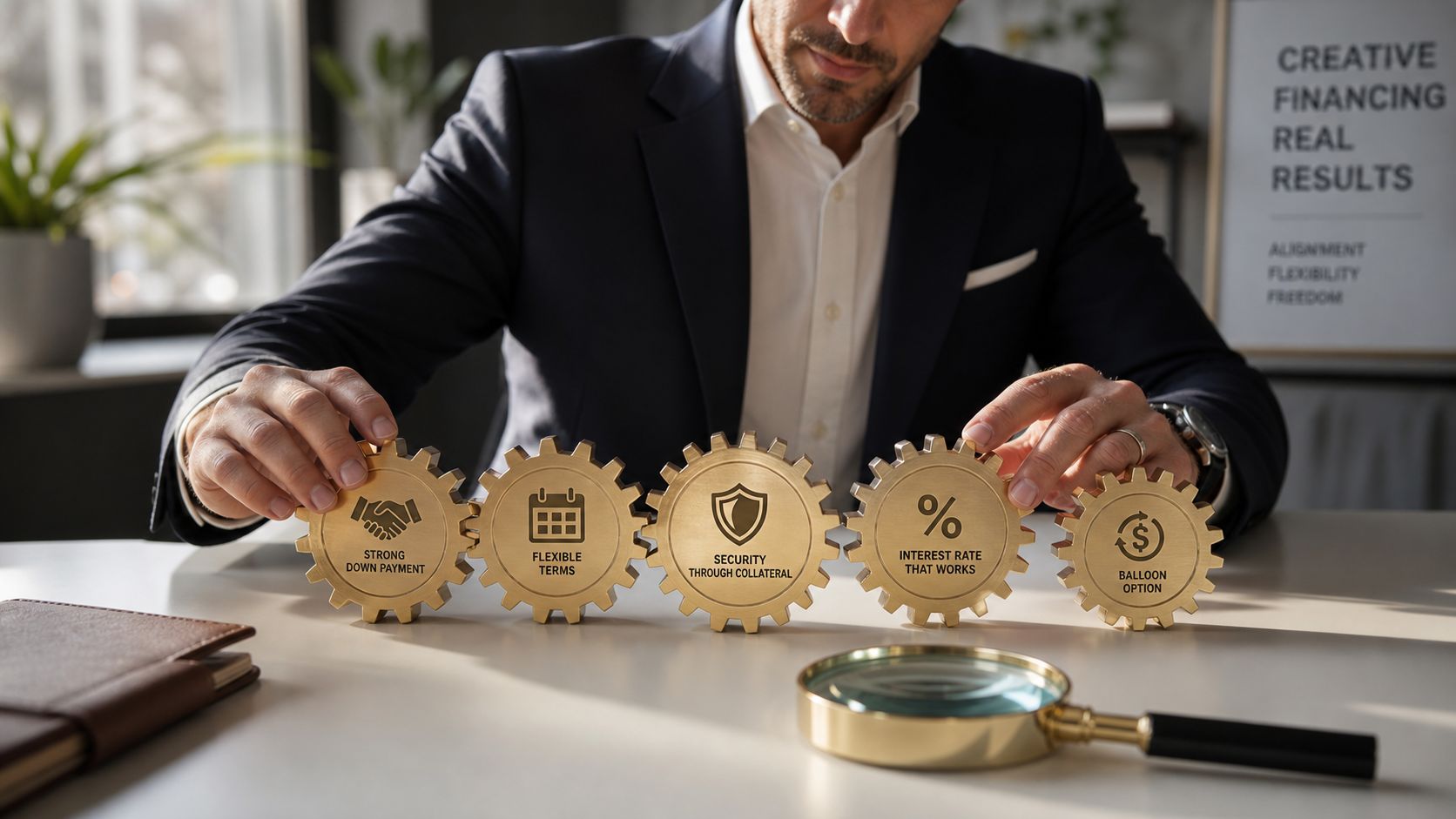 A businessman aligning brass gears with financial icons representing seller financing solutions on his office desk.