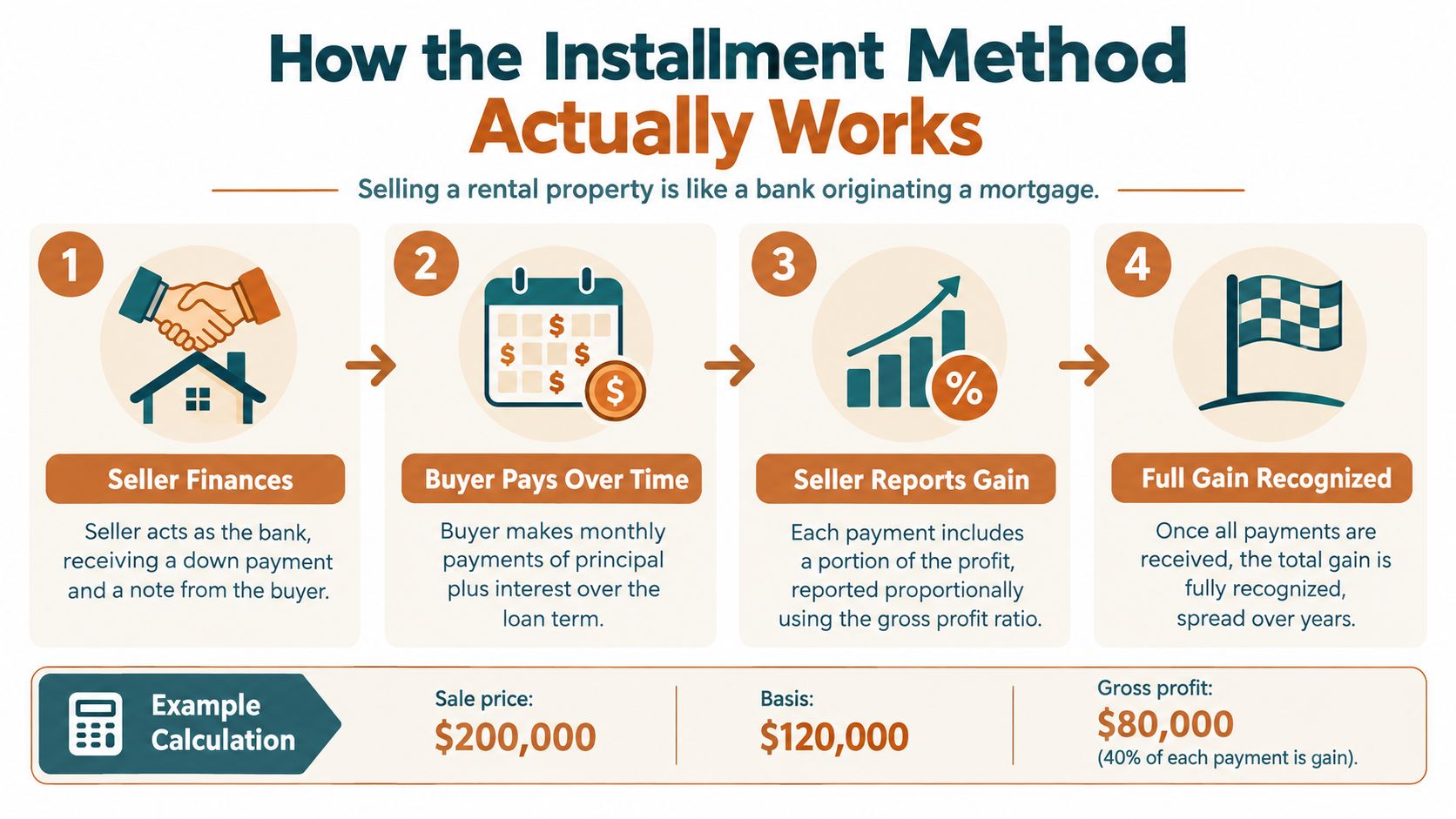 An infographic explaining the four-step installment method process for seller financing on rental property transactions.