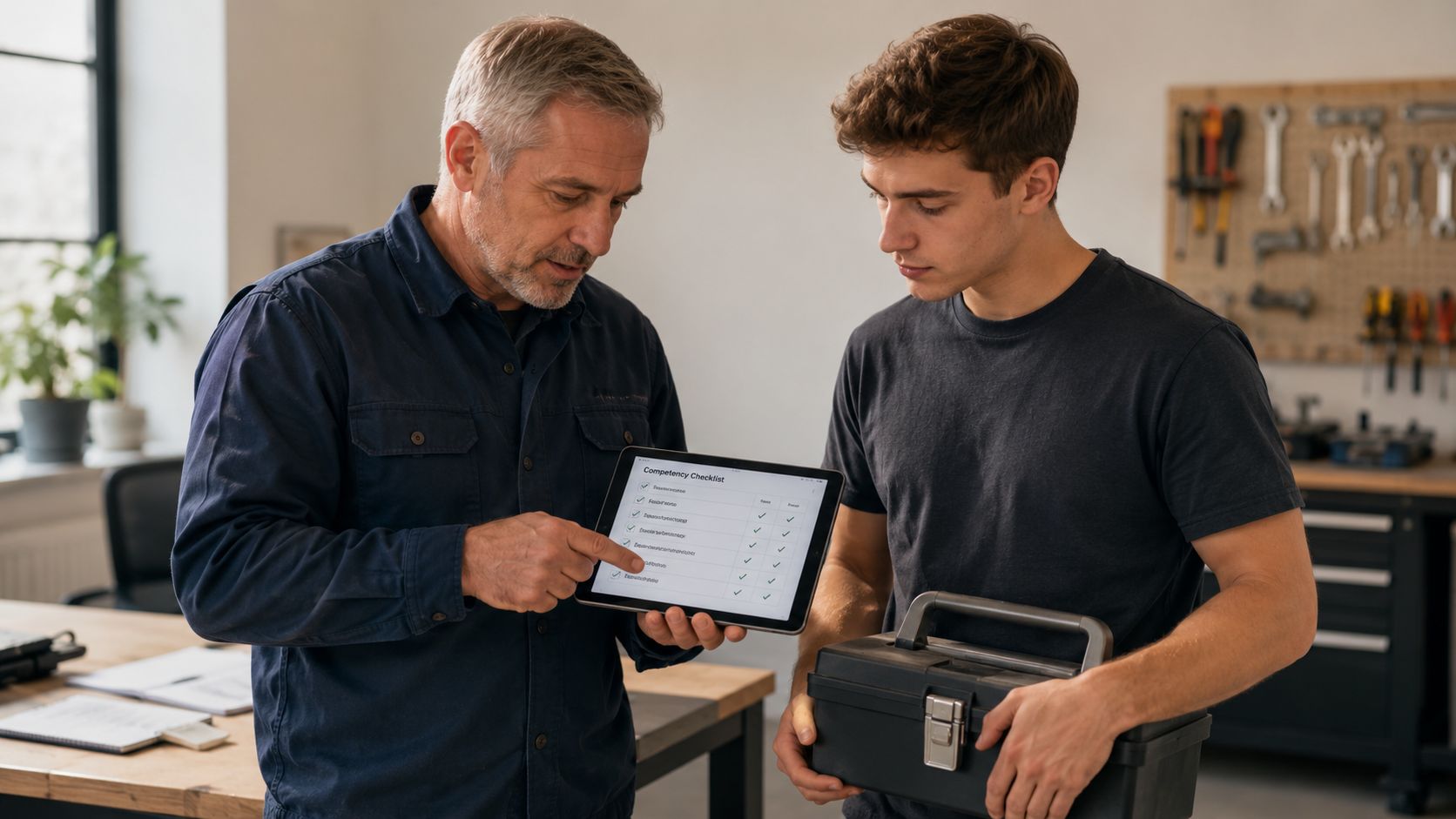 An experienced mentor demonstrates competency checklist items on a digital tablet to his young apprentice in workshop.