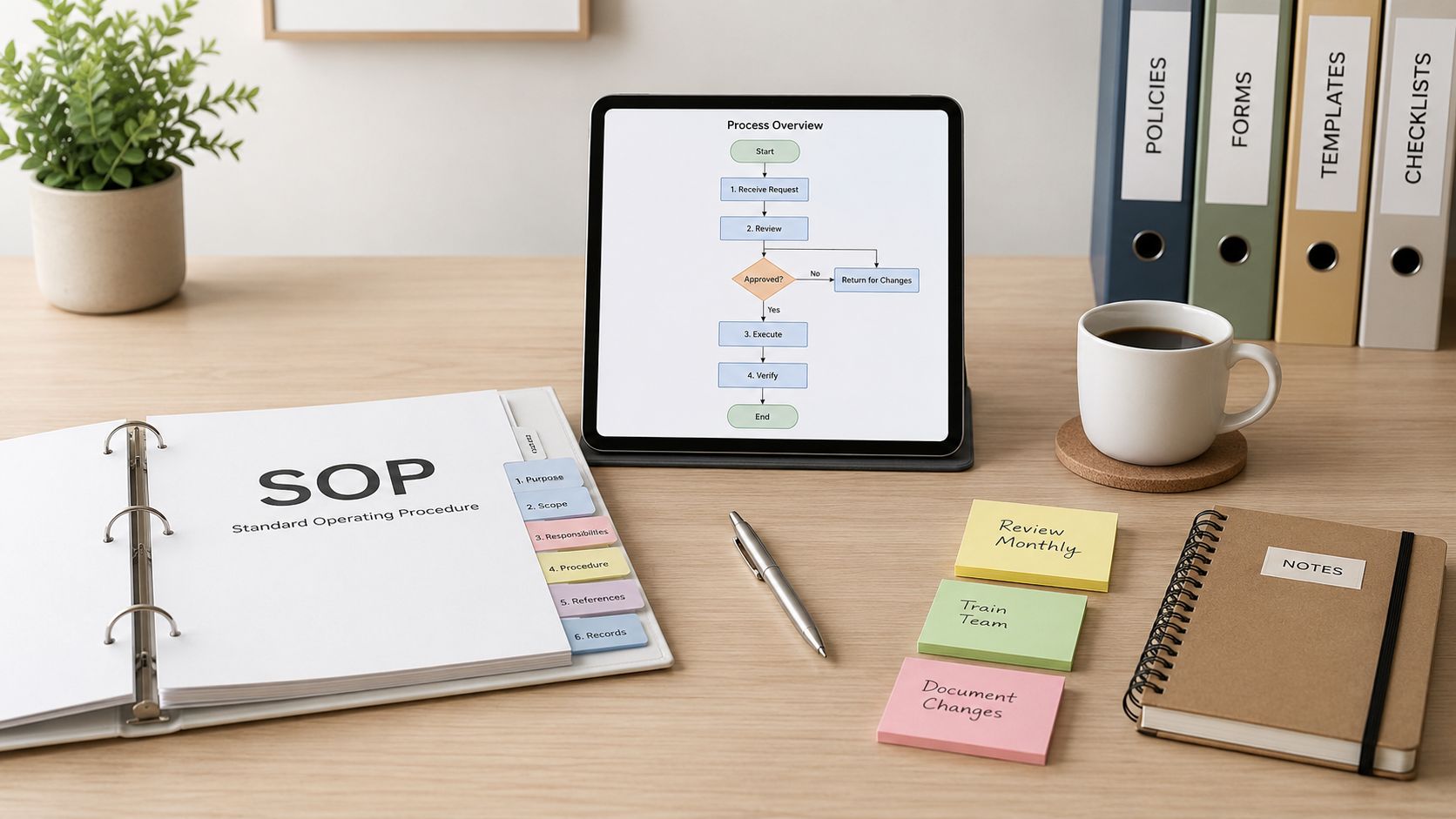 A clean office desk featuring a tablet with a workflow chart, an SOP binder, and organizational supplies.