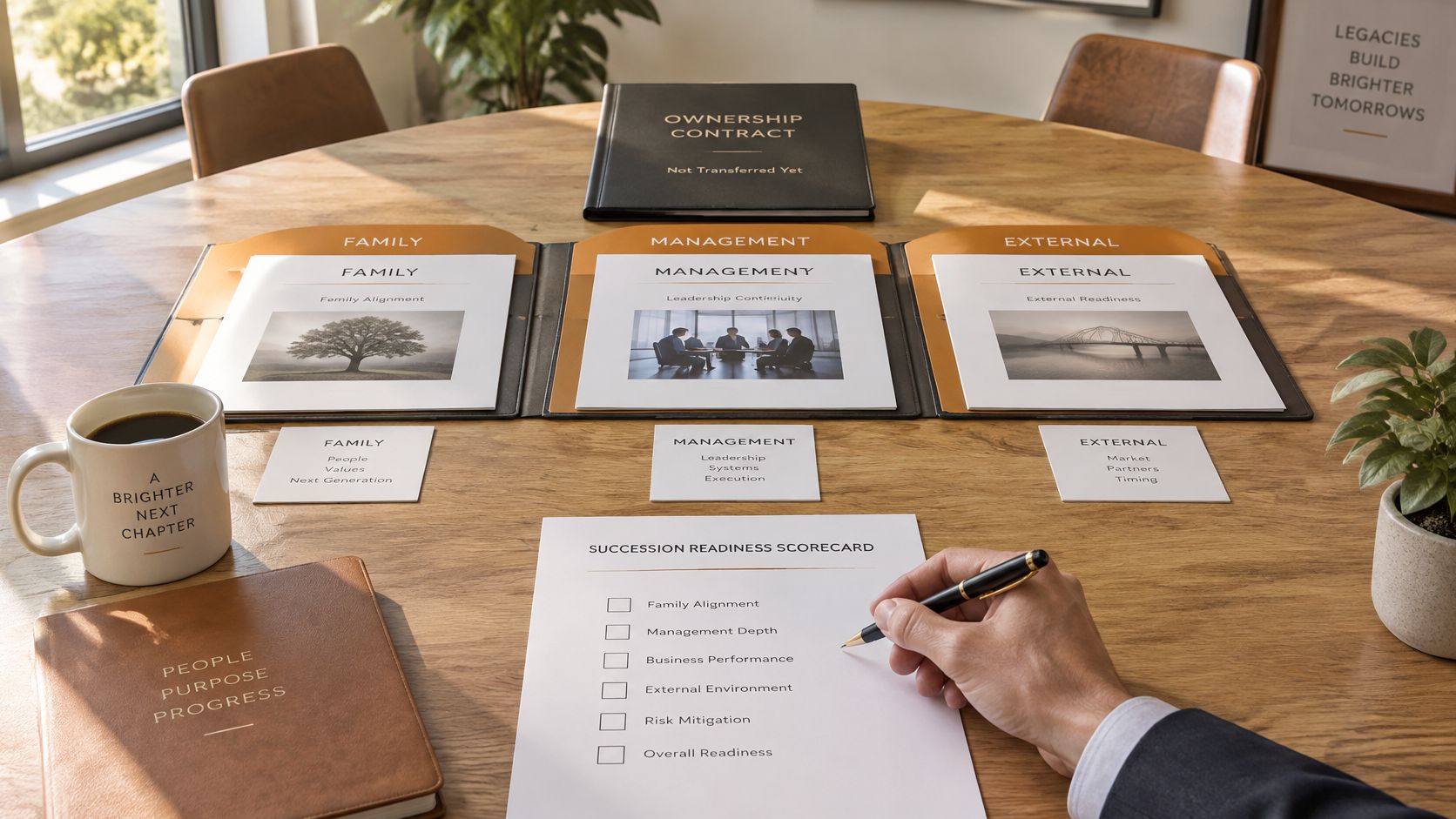 A professional desk setting featuring a succession readiness scorecard, business strategy documents, and a contract folder.