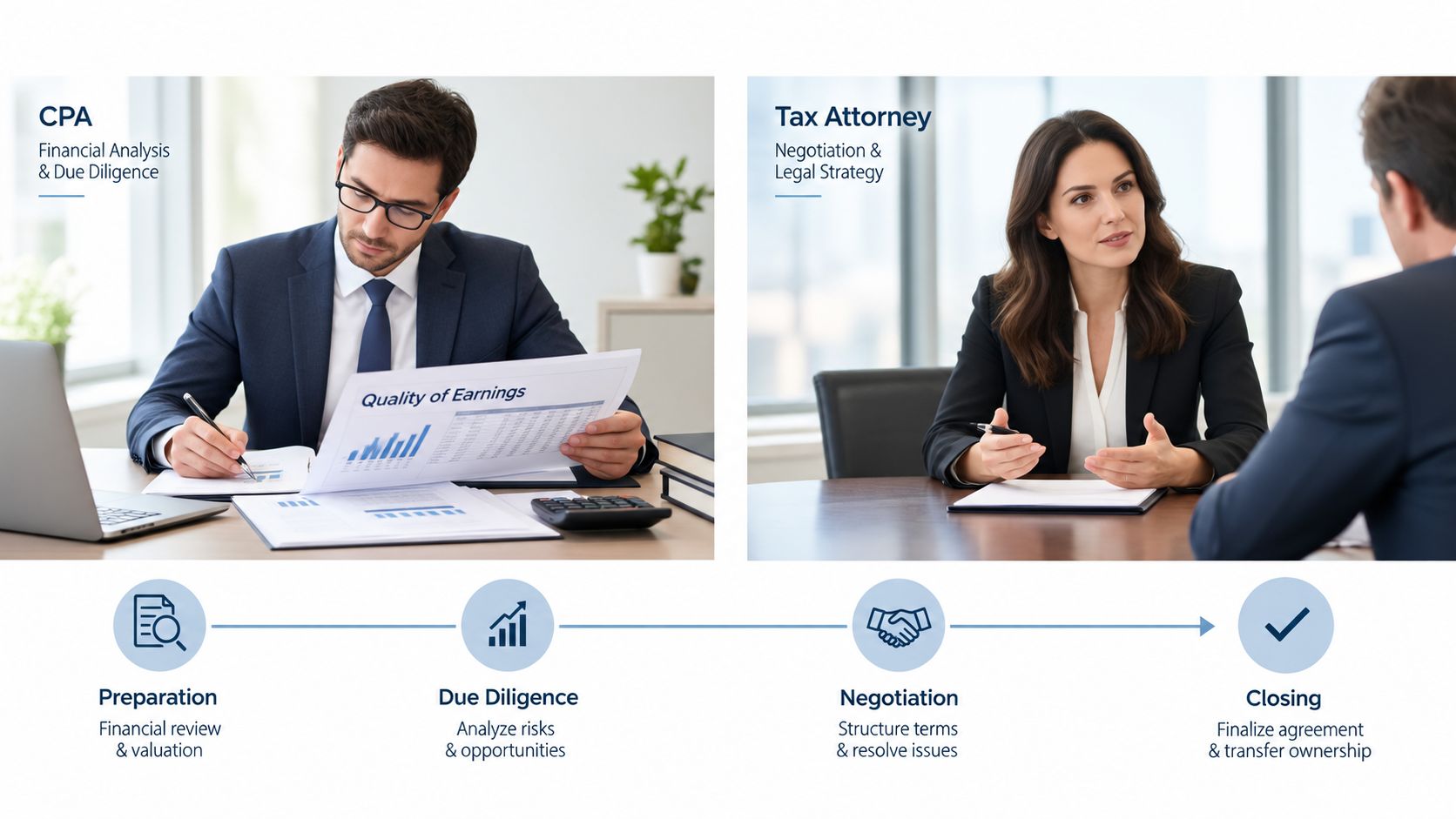 A split image comparing the roles of a CPA performing financial due diligence and a tax attorney negotiating.