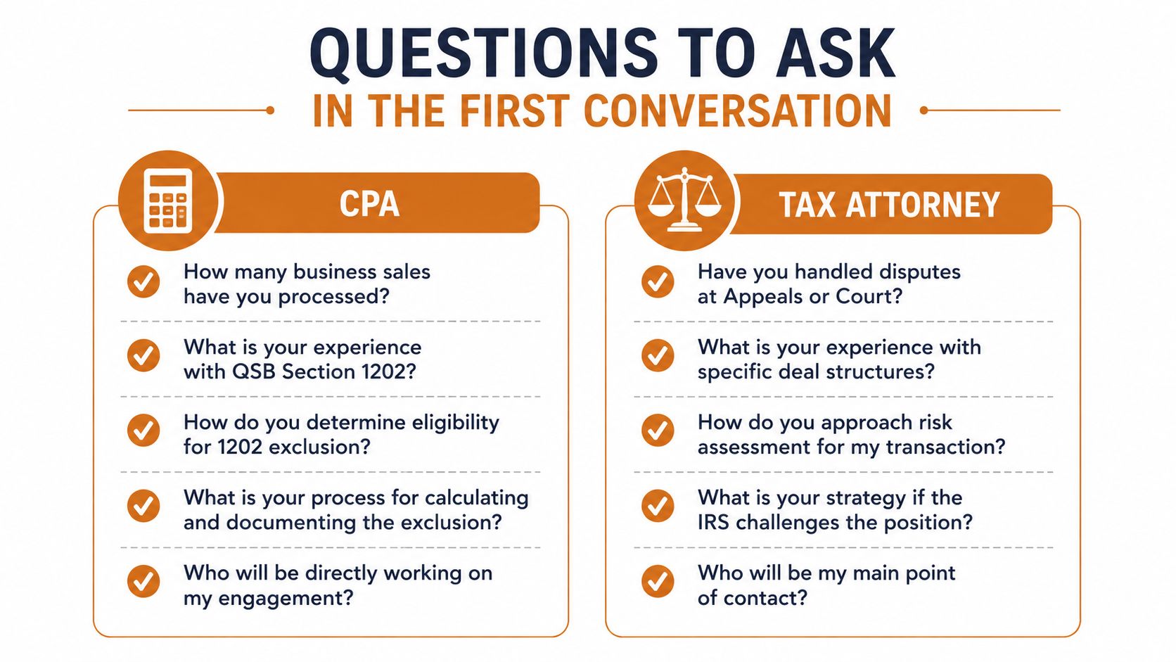 A professional infographic listing essential interview questions to ask a CPA versus a Tax Attorney.