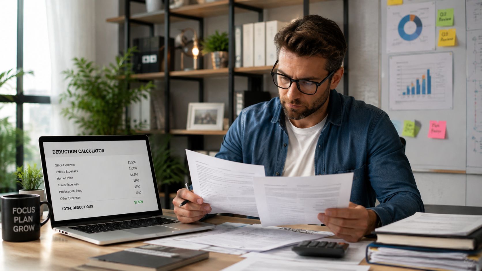 A man working on his business taxes with a deduction calculator open on his laptop screen.