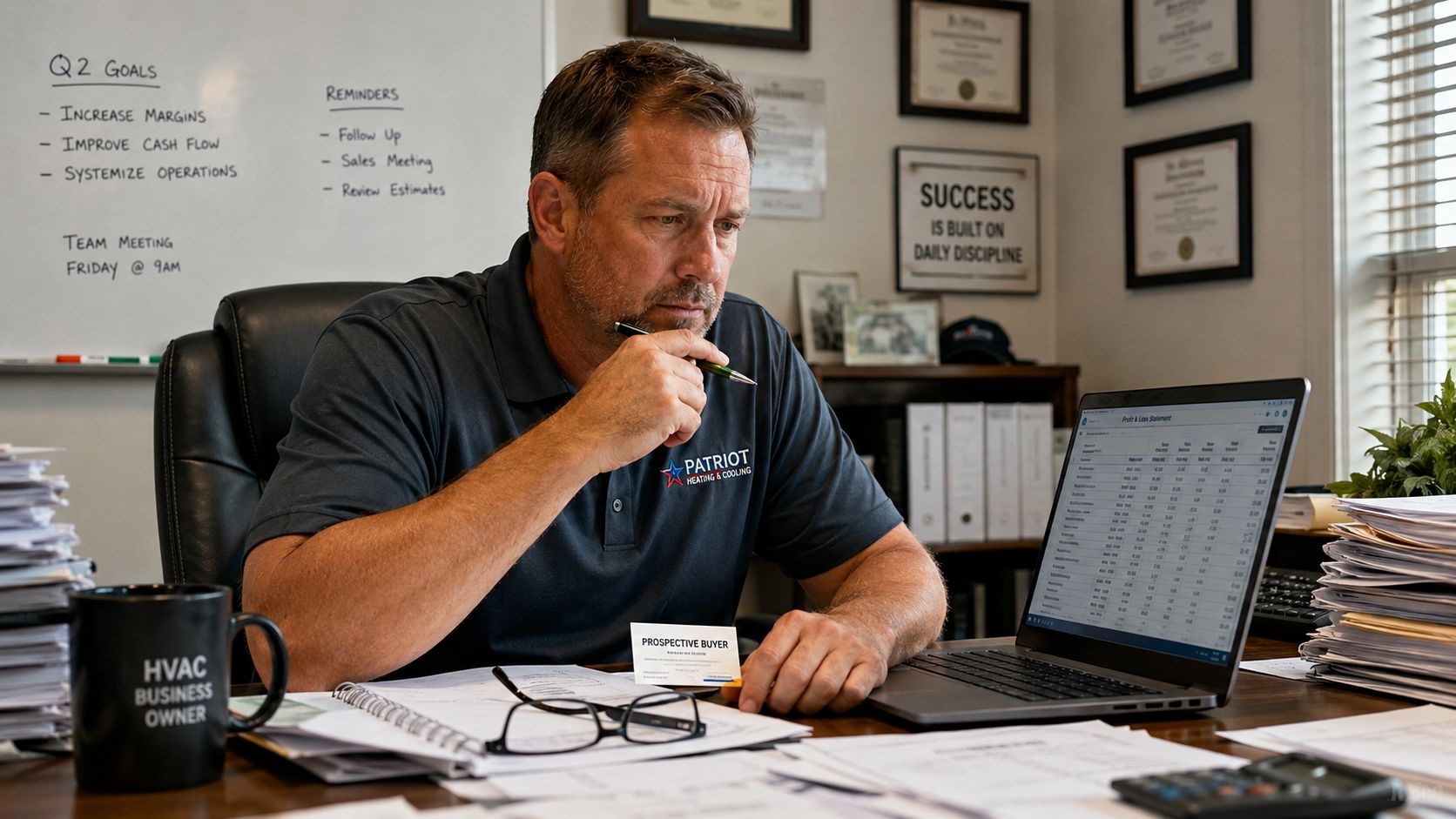 A focused HVAC business owner examines a profit and loss statement on his laptop at a desk.