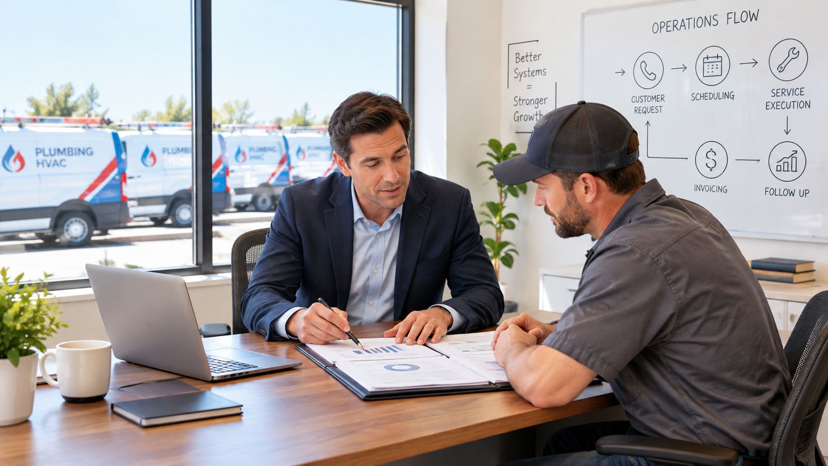 A professional in a suit discusses business strategy and operational charts with a service technician in an office.