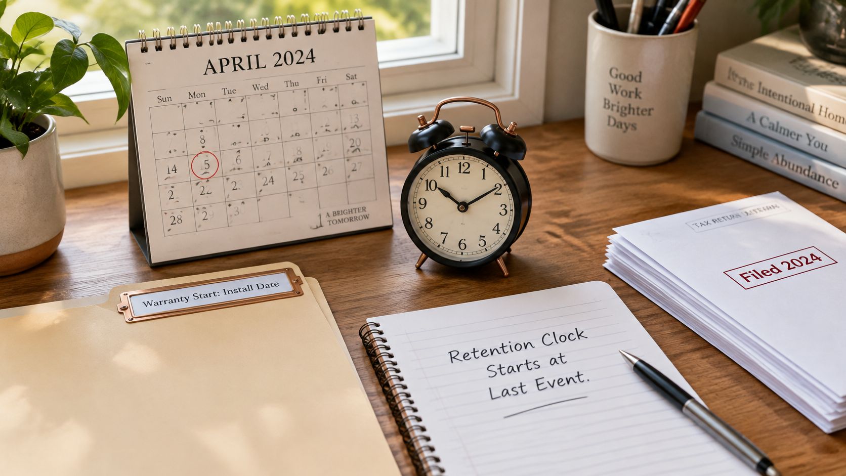 A organized desk with an April 2024 calendar, a clock, and a notebook labeled with retention guidelines.