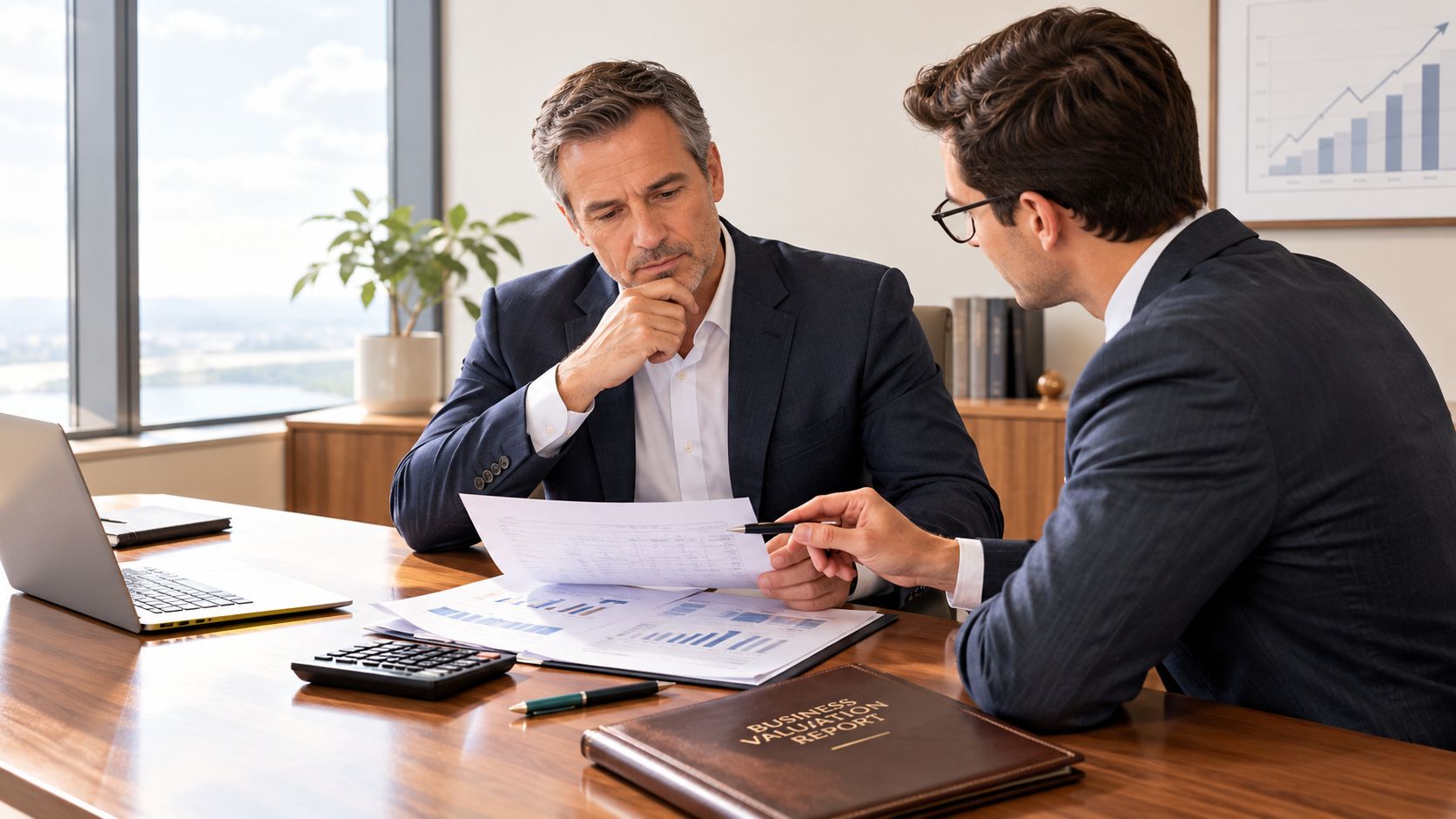Two professionals in suits reviewing business valuation reports in a modern office with charts and data.