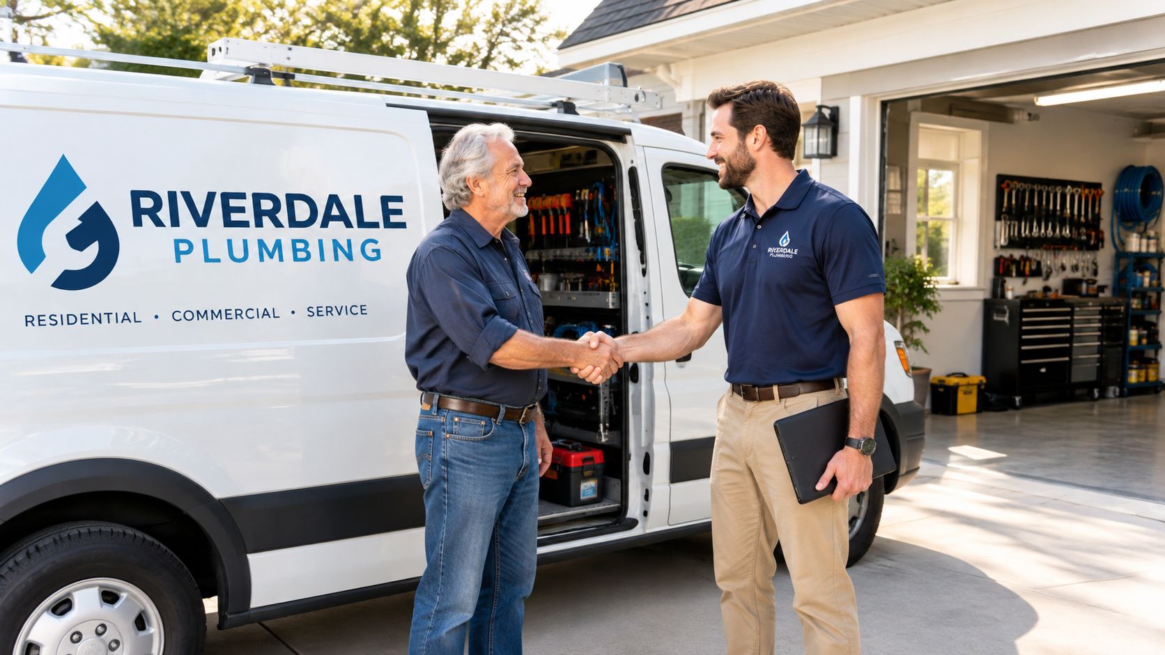 A professional plumber shaking hands with a client next to a Riverdale Plumbing service van.