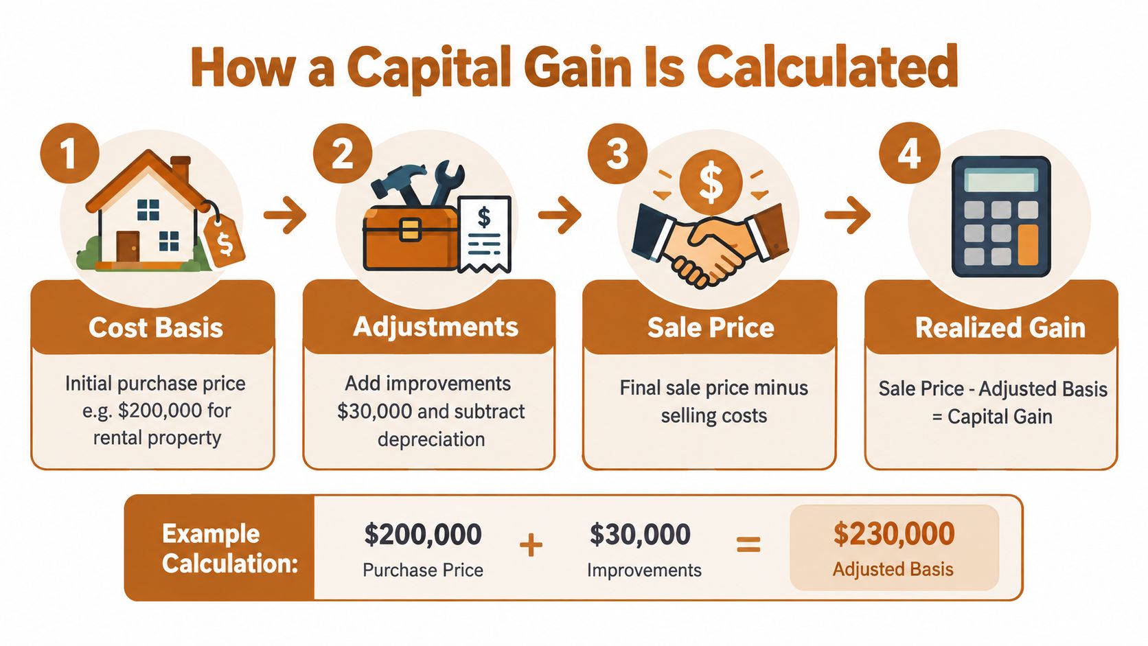 An infographic showing the four-step process to calculate capital gains on a rental property investment.