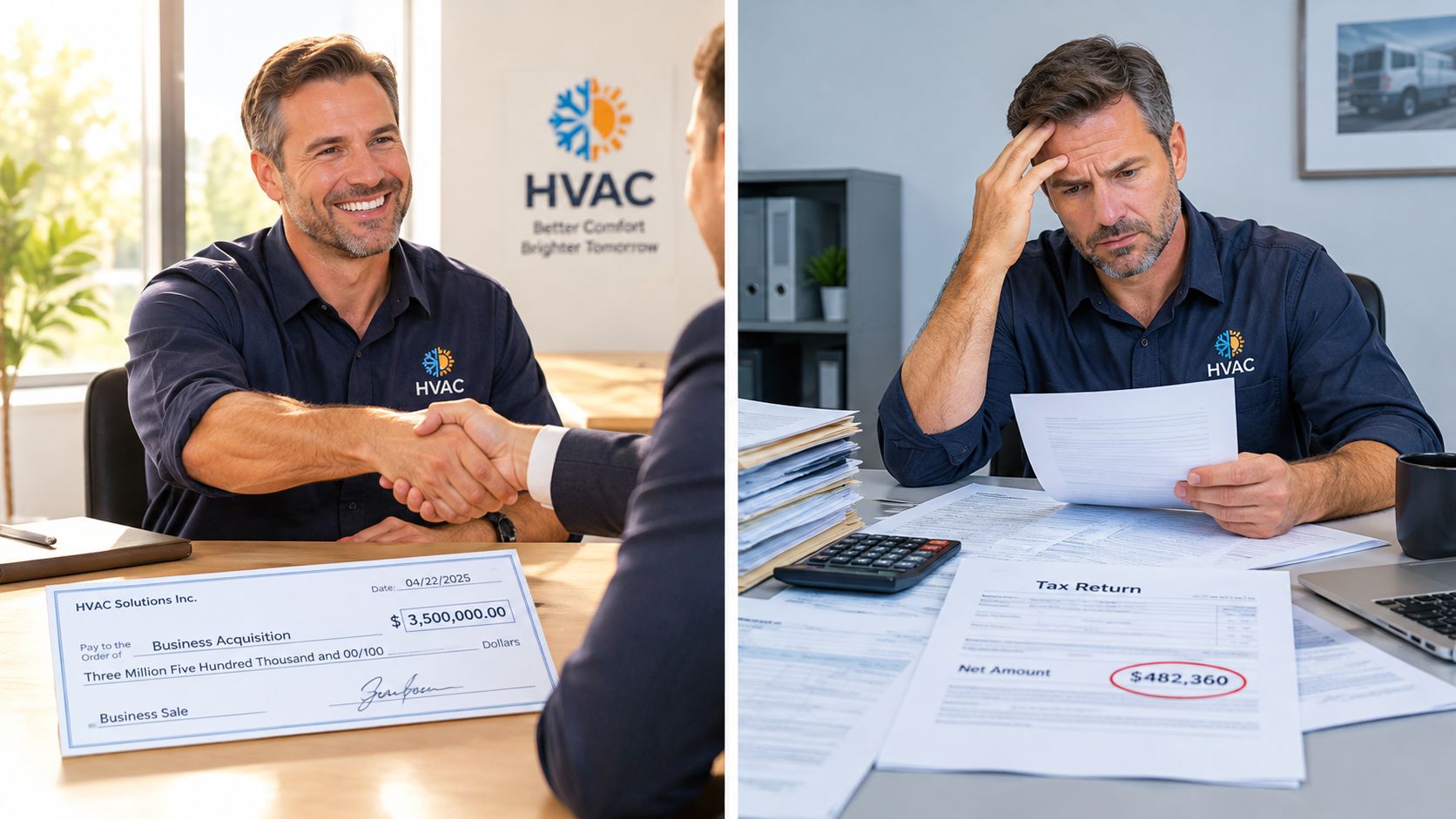 A split-screen view comparing a smiling businessman closing an HVAC business deal with a stressed businessman reviewing taxes.