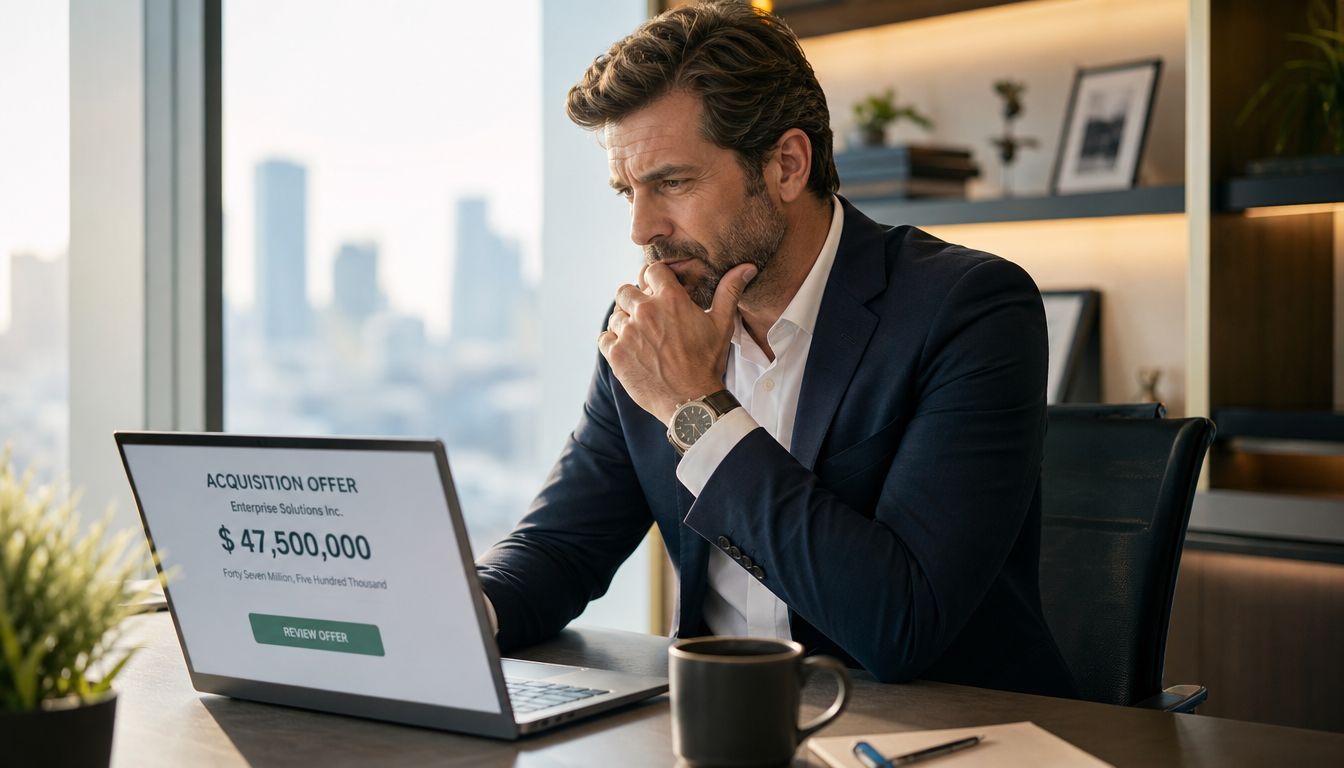 A professional man in a business suit reviewing a multi-million dollar corporate acquisition offer on his laptop.