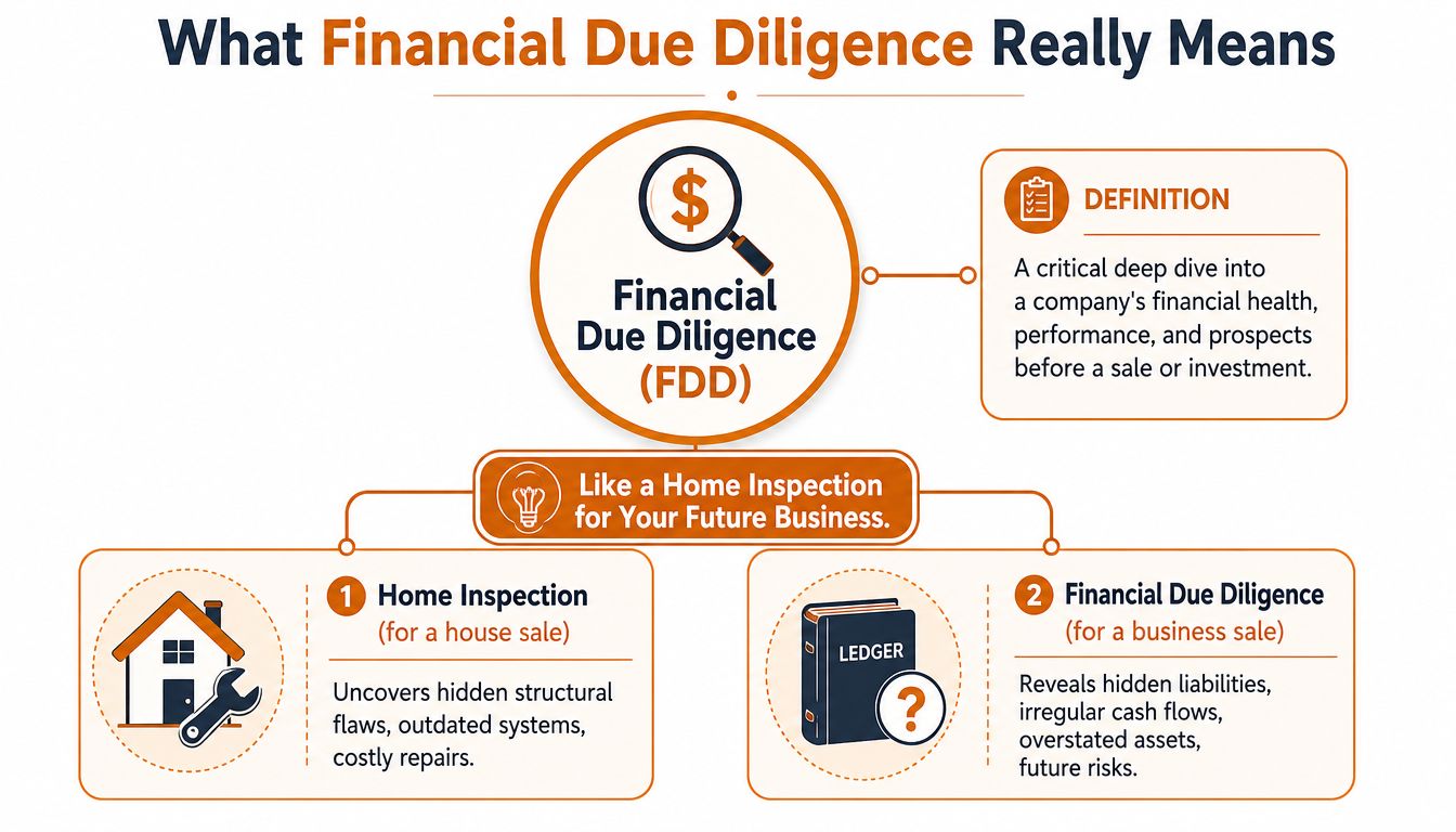 An infographic explaining financial due diligence, comparing it to a home inspection for business investments.