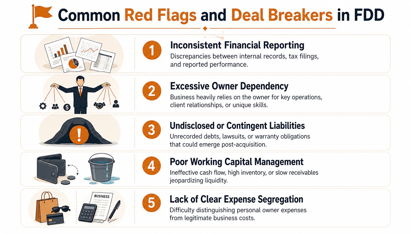 An infographic listing five common red flags and deal breakers encountered during financial due diligence for business acquisitions.