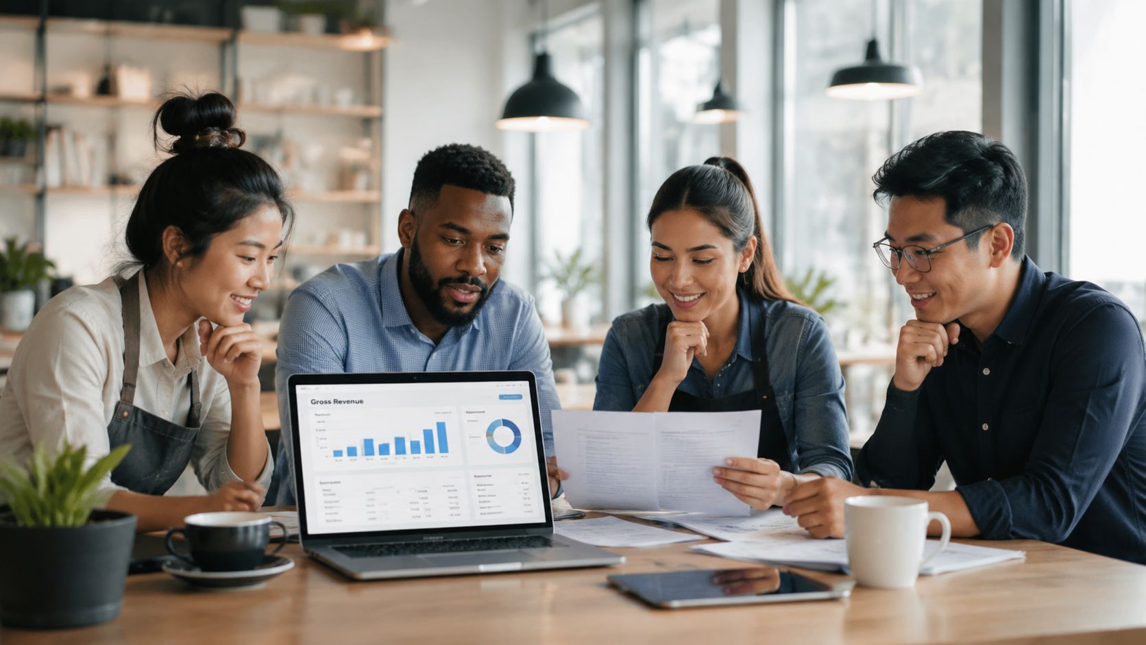 A diverse group of four colleagues collaborating on a business project around a laptop in an office.