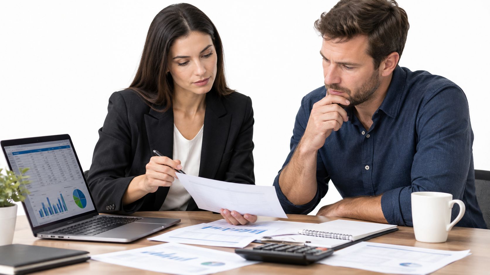 A professional man and woman analyzing financial documents and data on a laptop in an office.